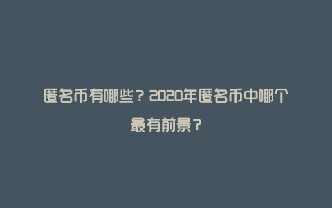 匿名币有哪些？2020年匿名币中哪个最有前景？