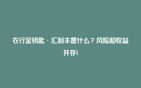 农行金钥匙·汇利丰是什么？风险和收益并存！