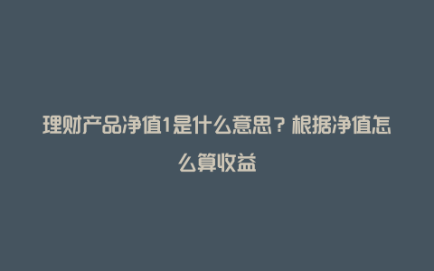 理财产品净值1是什么意思？根据净值怎么算收益